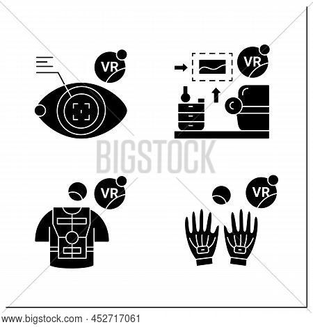 Virtual Reality Glyph Icons Set. Haptic Gloves, Suit, Eye Tap. Vr Interior Design. Modern Technology