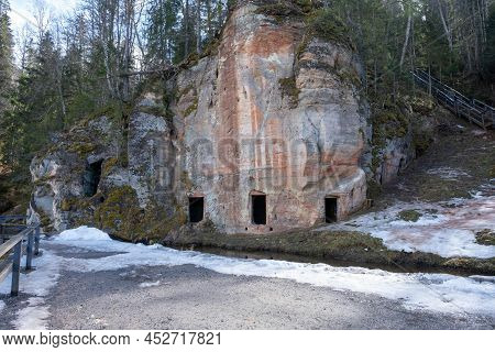 Natural Cellars And Caves In The Red Rocks, Ligatne, Gauja National Park, Latvia