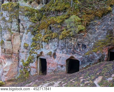 Natural Cellars And Caves In The Red Rocks, Ligatne, Gauja National Park, Latvia