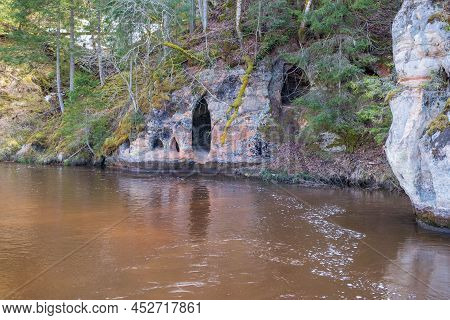 Natural Cellars And Caves In The Red Rocks, Ligatne, Gauja National Park, Latvia.