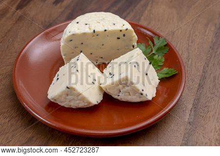 Traditional Polish White Cheese With Black Chives Seeds Made In North Poland In Kaszebe Area Near Gd