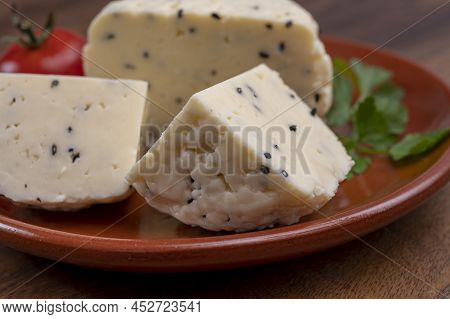 Traditional Polish White Cheese With Black Chives Seeds Made In North Poland In Kaszebe Area Near Gd