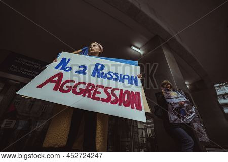 Lisbon, Portugal - April 6, 2022: A Protest Action With A Photo Exhibition Following The War Crimes 