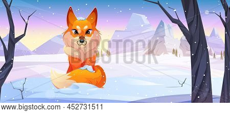 Cartoon Fox In Winter Forest, Beautiful Wild Animal With Ginger Fur On Nature Background With Fallin