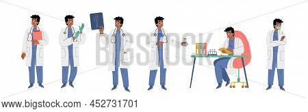 Doctor, Hospital Healthcare Staff At Work. Medic Male Character In White Robe In Lab. Medicine Emplo
