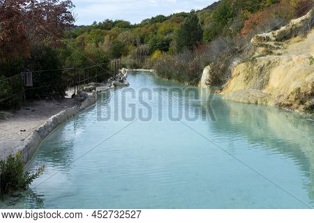 Ancient Hot Thermal Springs And Blue Pool In Nature Park Dei Mulini, Bagno Vignoni, Tuscany, Italy