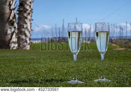 Celebration Of Championship With Glasses Of Champagne Bubbles Wine On Green Lawn Of Golf Club