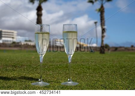 Celebration Of Championship With Glasses Of Champagne Bubbles Wine On Green Lawn Of Golf Club