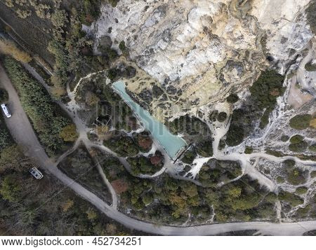 Aerial View On Free Hot Thermal Springs And Pool In Nature Park Dei Mulini, Bagno Vignoni, Tuscany,