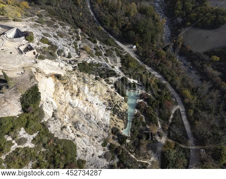 Aerial View On Free Hot Thermal Springs And Pool In Nature Park Dei Mulini, Bagno Vignoni, Tuscany,