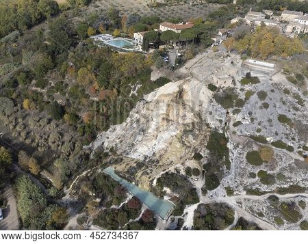 Aerial View On Free Hot Thermal Springs And Pool In Nature Park Dei Mulini, Bagno Vignoni, Tuscany,