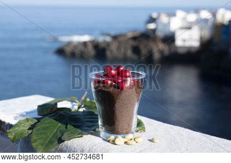 Red Ripe Arabica Coffee Berries, Green Coffee Beands, Leaves And Roasted Ground Coffee In Glass And