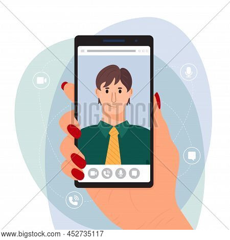 Video Call Concept. Online Video Conference, Online Meeting Concept, Banner. A Woman's Hand Is Holdi