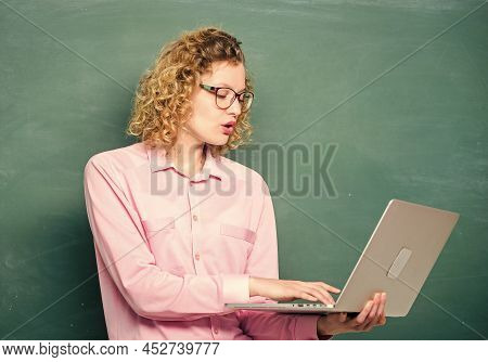 Online Course. School Teacher Notebook Chalkboard Background. Informatics And Programming. Girl Surf