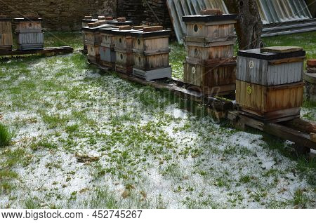Wooden Beehives In A Snow Shower. Snow Falls On Wooden Beehives Of Domestic Production. Hidden Bees,
