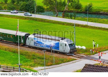 Flam, Norway - July 31, 2018: Myrdal Flamsbana Train In Norwegian Village Near Sognefjord Fjord, Loc