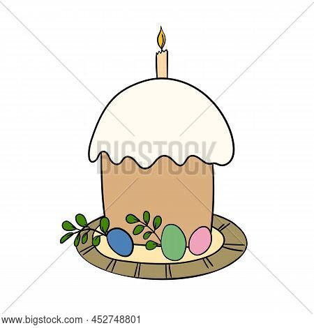Easter Cake Isolated On White Background. Hand Drawn Happy Easter Symbol. Paschal Cake With Candle O