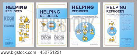 Helping Refugees Blue Brochure Template. Support Fugitives. Leaflet Design With Linear Icons. 4 Vect