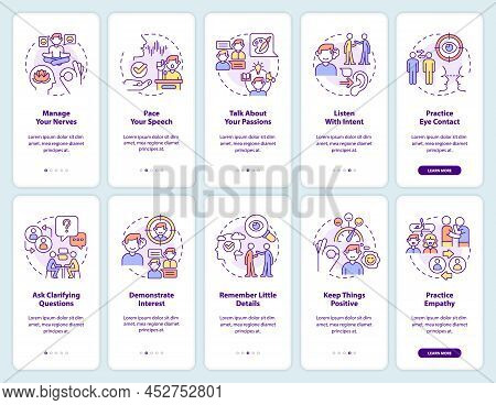 Developing Charisma Onboarding Mobile App Screen Set. Practical Steps Walkthrough 5 Steps Graphic In