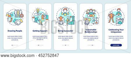 Charisma Benefits Onboarding Mobile App Screen. Attract People Walkthrough 5 Steps Graphic Instructi