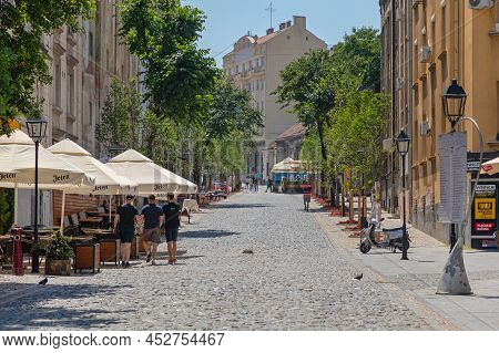 Belgrade, Serbia - July 08, 2021: Empty Skadarlija Cobblestones Street At Hot Summer Day.