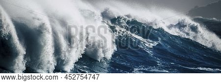 Banner Header Horizontal Power Big Wave In Blue Ocean Water. Concept Of Energy And Tsunami Storm Bad
