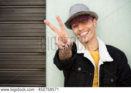 Success And Victory Hands Finger Sing For Young Man Boy Teenager Hispanic Race And Violet Hair And H