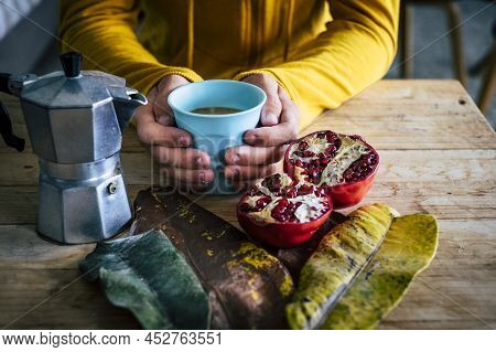 Close Up Of Hands Holding A Warm Vcoffe Cup - Concept Of Healthy Bio Km 0 Food Nutrition Lifestyle A