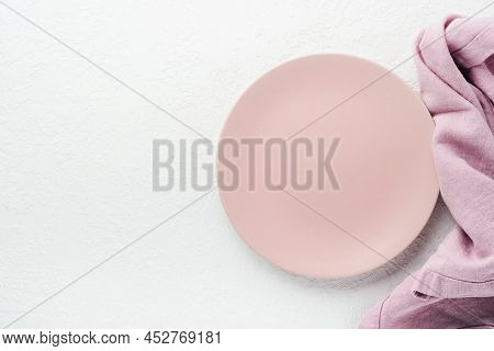 Ceramic Empty Pink Plate. Rustic Vintage Set Of White Plate, Wooden Spoon On Light White Wooden Back