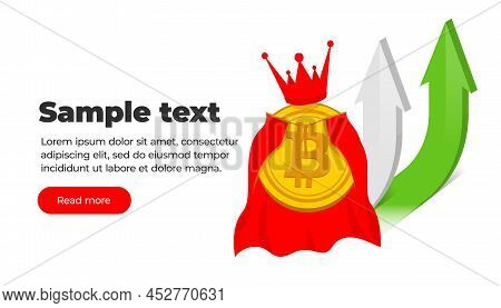 Banner Template, King Crypto Currency Gold Coin Bitcoin In Crown And Royal Robe, Two White And Green