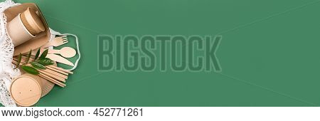 Banner With Eco-friendly Paper Tableware - Kraft Paper Food Cups And Containers In Cotton Net Bag On