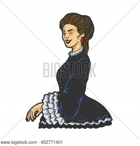 Lady Woman Winking Old Fashioned Flirting Color Sketch Engraving Vector Illustration. T-shirt Appare