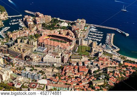 Aerial View Of Port Cap Dail At Sunset, France, A Lot Of Boats Are Moored In Marina, View Of City Li