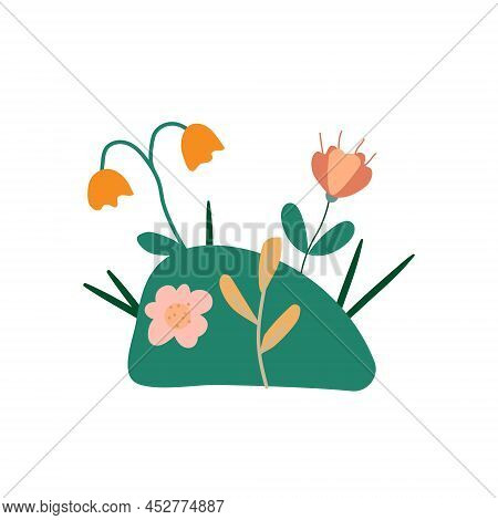 Wildflower Flat Flower Bed. Cartoon Style Garden. Bloom Template Element. Bohemian Kid Style. Spring