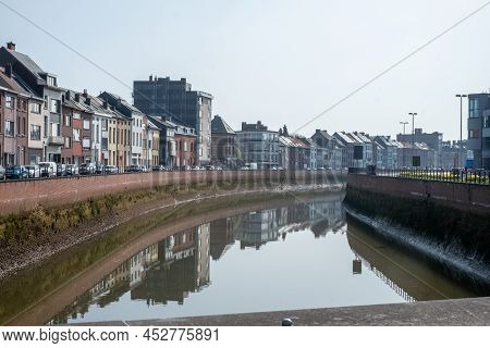Mechelen, Malin, Antwerp, Belgium, March 28, 2022, View Of River Dijle Embankment With Picturesque B