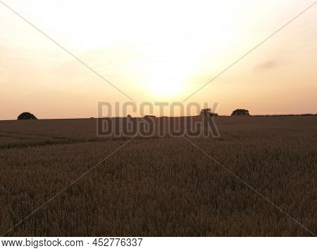 Sun Setting On Farmers Field At Dusk Silhouette