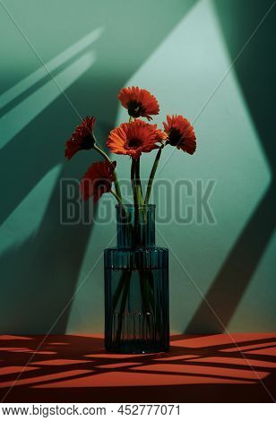 Vertical Still Life Shot Of Fresh Orange Gerbera Flowers In Vintage Glass Vase Against Bluish Green 