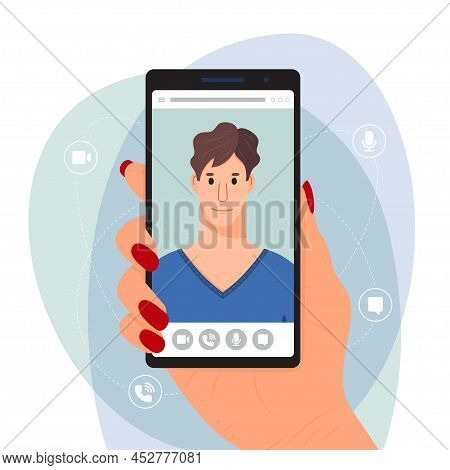 Video Call Concept. Online Video Conference, Online Meeting Concept, Banner. A Woman's Hand Is Holdi