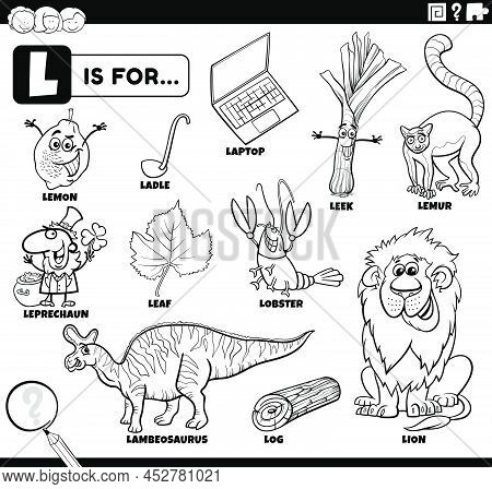Black And White Educational Cartoon Illustration For Children With Comic Characters And Objects Set 