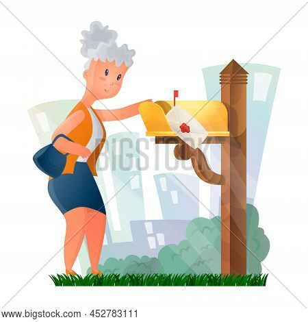 An Elderly Woman Taking A Letter Out Of A Mailbox