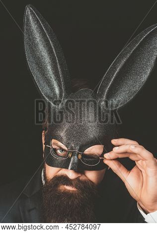 Funny Bearded Man In Carnival Rabbit Mask. Stylish Man. Handsome Man With Beard In Playboy Mask. Pla