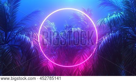 Retrowave Tropical Scene Palms And Glowing Frame 3d Render