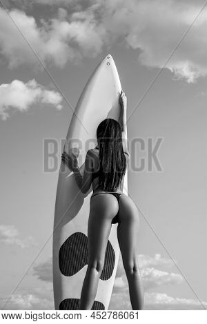 Sexy Woman In Bikini Swimming With Serf Board. Summer Vacation Concept. Sensual Ass, Butt Or Buttock