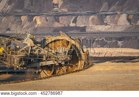 Close Up Of Enormous Bucket Wheel Excavator In An Open Pit Lignite Mine