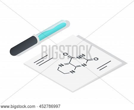 Chemical Formula And Pipette. Flask With Blue Substance And Structure Of Reagent. Chemical Experimen