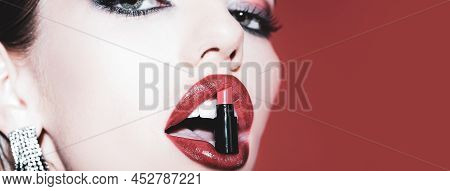 Fashion Lipstick Store - Shopping And Sale. Open Mouth With Lipstick. Women Lips With Red Lipstick. 