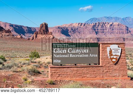 Hite, Ut - October 9, 2021: Hite Entrance Sign To Glen Canyon National Recreation Area In The Desert