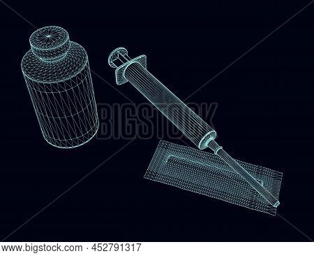 Blue Line Medical Supplies Frame Isolated On Dark Background. Syringe And Ampoule. 3d. Vector Illust