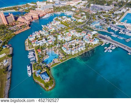 Harborside Villas aerial view and Paradise Island at Nassau Harbour, from Paradise Island, Bahamas.