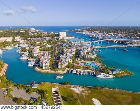 Harborside Villas aerial view and Paradise Island Bridge at Nassau Harbour, from Paradise Island, Bahamas.
